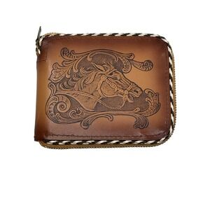 Vintage Treasurefold Valhyde Leather Horse Embossed Zip Wallet Brown Western